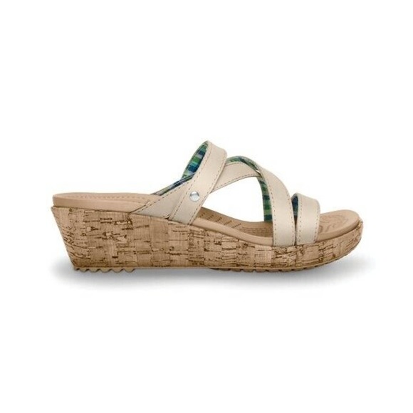 CROCS | Shoes | Crocs A Leigh Cork Wedge Sz 8 Comfort Strappy Slip On  Sandals Slides Beige | Poshmark
